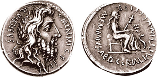 Denar rzymski Memmiusa przedstawiający Romulusa jako boga Kwiryna