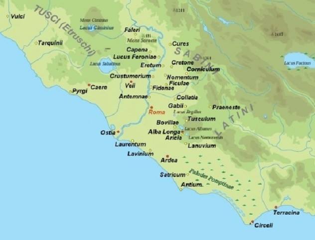 Mity o założeniu Rzymu - Mapa przedstawiająca trzy ludy zamieszkujące Lacjum w VIII w p.n.e - Latynowie na południe od Tybru, Sabinowie na północ od nich i Etruskowie na prawym brzegu rzeki Tyber